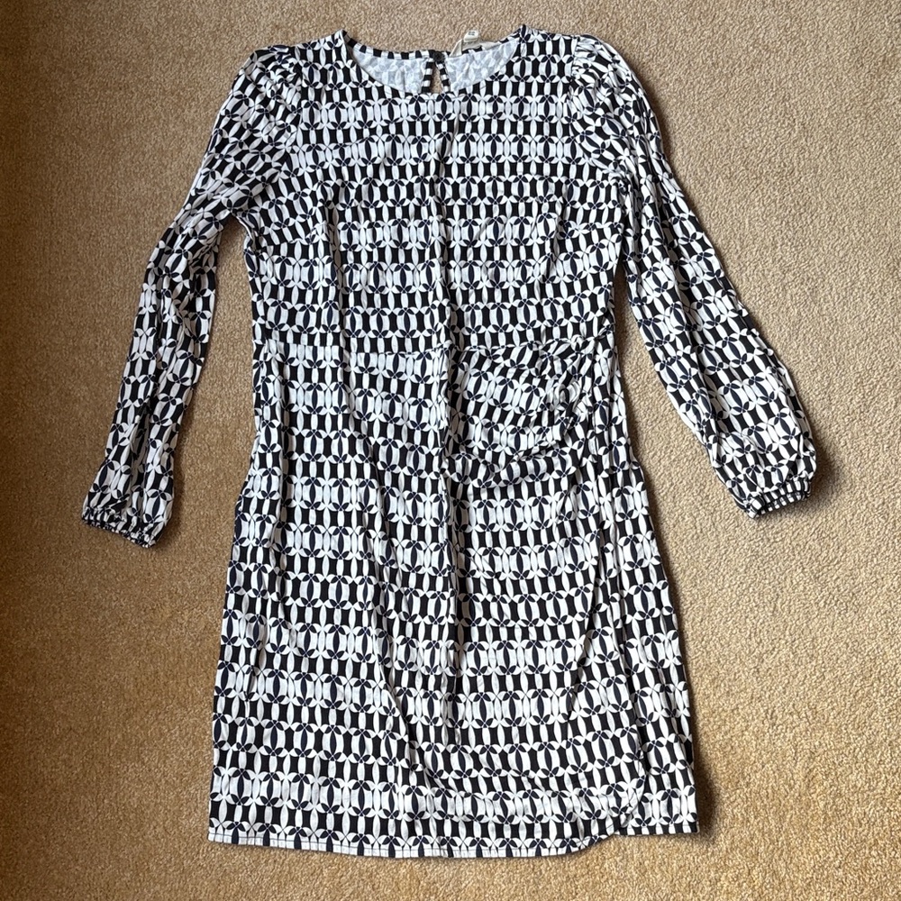 Boden Black blue and White Geometric Long Sleeve Dress 10L